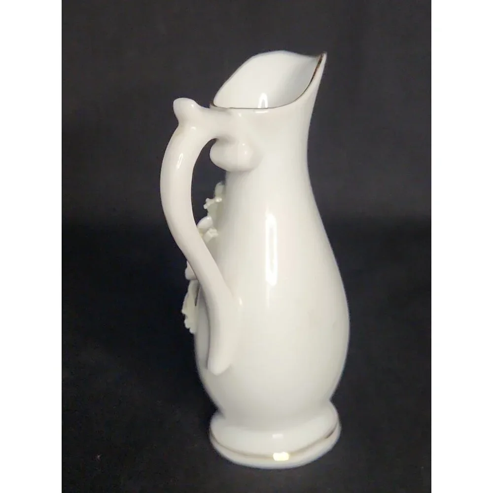 Cream Porcelain Pitcher Vase with Pastel Floral Appliqués and Gold Trim